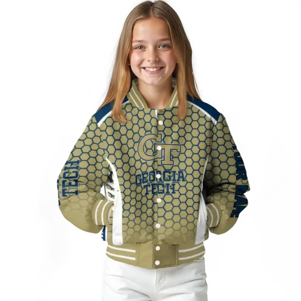 customized georgia tech yellow jackets hexagon grid gold varsity jacket top rated.webp