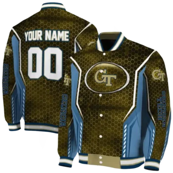 customized georgia tech yellow jackets power plate gold varsity jacket fashion forward.webp