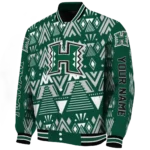 customized hawaii rainbow warriors pyramid shapes green varsity jacket best selling.webp