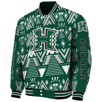 customized hawaii rainbow warriors pyramid shapes green varsity jacket best selling.webp