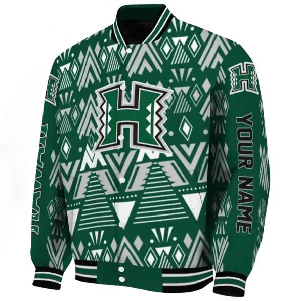 customized hawaii rainbow warriors pyramid shapes green varsity jacket best selling.webp