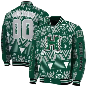 customized hawaii rainbow warriors pyramid shapes green varsity jacket fashion forward.webp