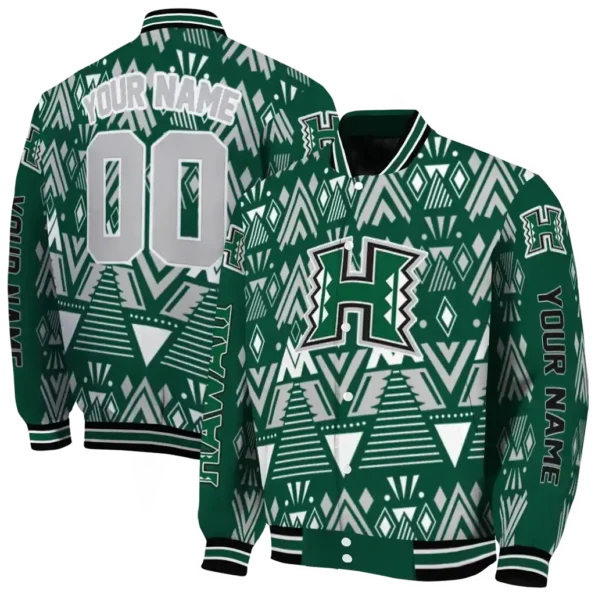 customized hawaii rainbow warriors pyramid shapes green varsity jacket fashion forward.webp