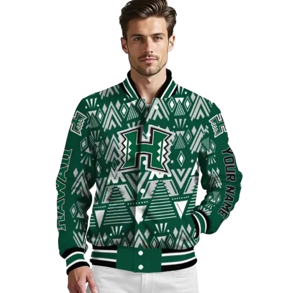 customized hawaii rainbow warriors pyramid shapes green varsity jacket high quality.webp