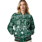 customized hawaii rainbow warriors pyramid shapes green varsity jacket best selling.webp