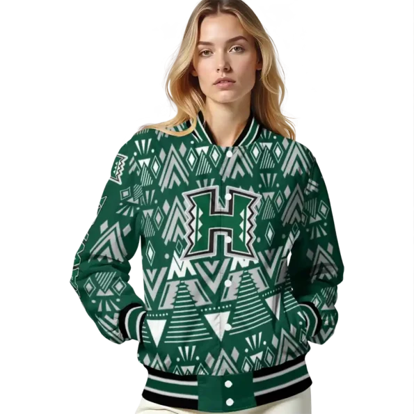 customized hawaii rainbow warriors pyramid shapes green varsity jacket latest model.webp