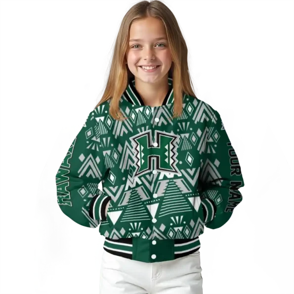 customized hawaii rainbow warriors pyramid shapes green varsity jacket top rated.webp