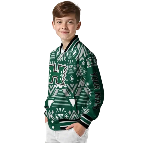 customized hawaii rainbow warriors pyramid shapes green varsity jacket trendy.webp