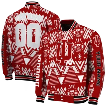 customized indiana hoosiers pyramid shapes red varsity jacket fashion forward.webp