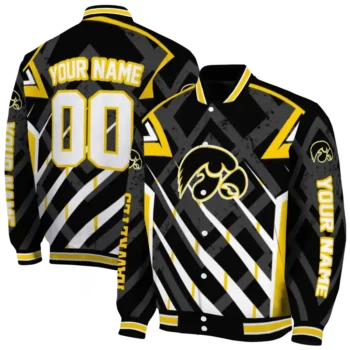 customized iowa hawkeyes chevron angles black varsity jacket fashion forward.webp