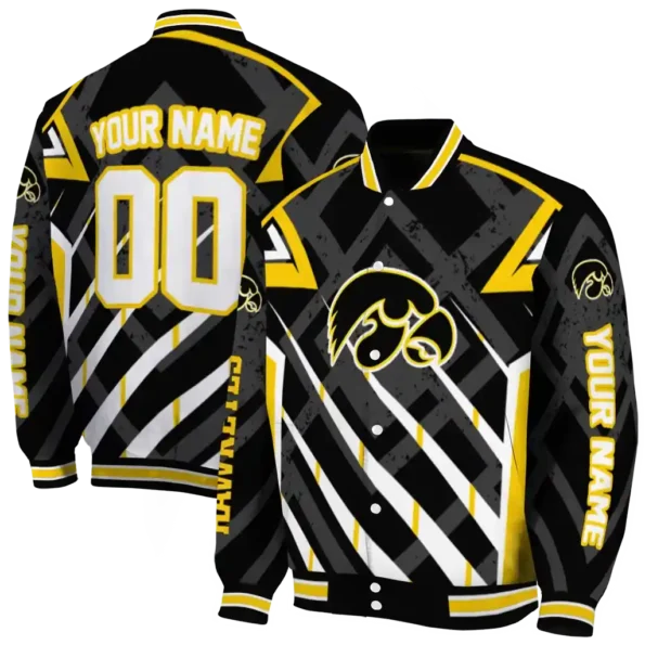 customized iowa hawkeyes chevron angles black varsity jacket fashion forward.webp