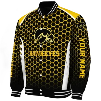 customized iowa hawkeyes hexagon grid black varsity jacket best selling.webp