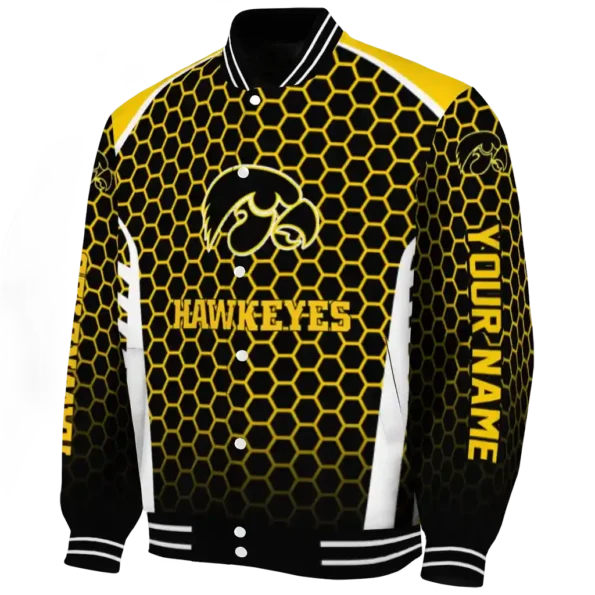 customized iowa hawkeyes hexagon grid black varsity jacket best selling.webp