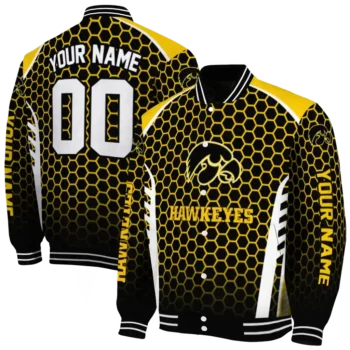 customized iowa hawkeyes hexagon grid black varsity jacket fashion forward.webp