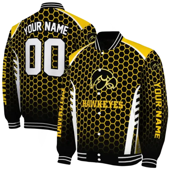 customized iowa hawkeyes hexagon grid black varsity jacket fashion forward.webp