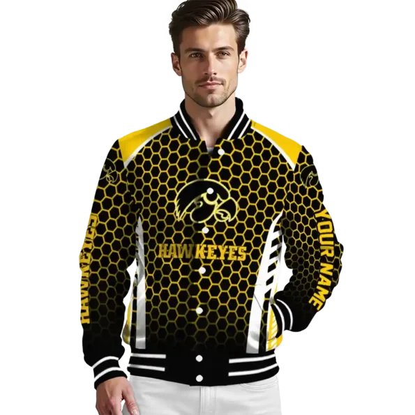 customized iowa hawkeyes hexagon grid black varsity jacket high quality.webp