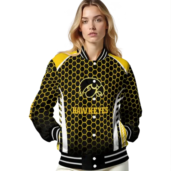 customized iowa hawkeyes hexagon grid black varsity jacket latest model.webp