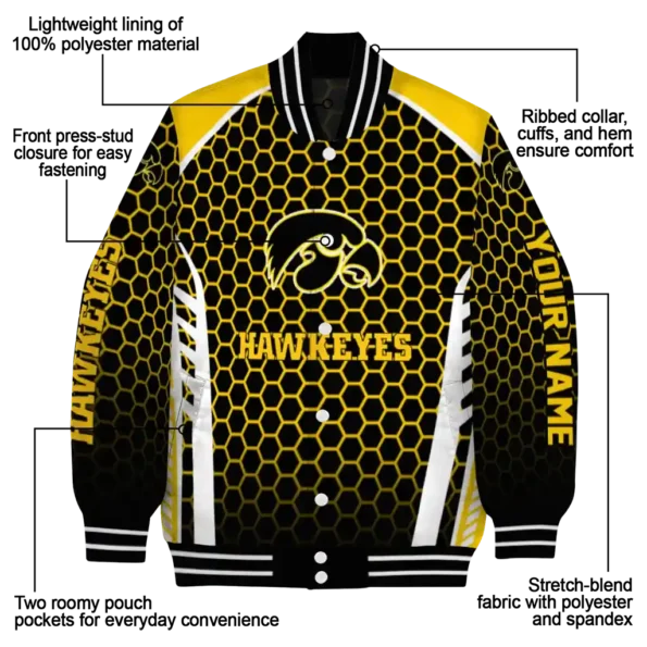 customized iowa hawkeyes hexagon grid black varsity jacket new arrival.webp