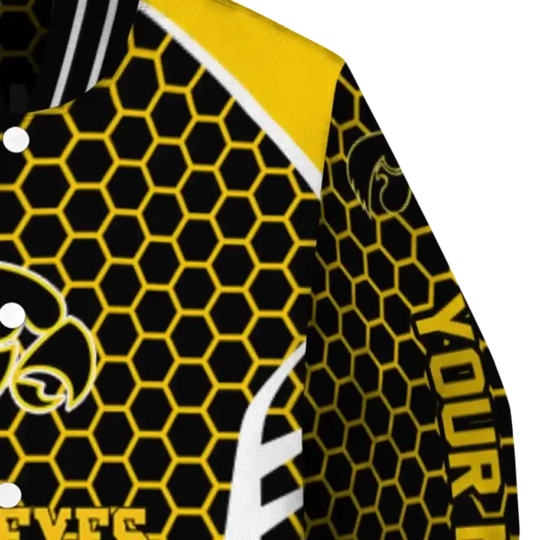 customized iowa hawkeyes hexagon grid black varsity jacket premium grade.webp