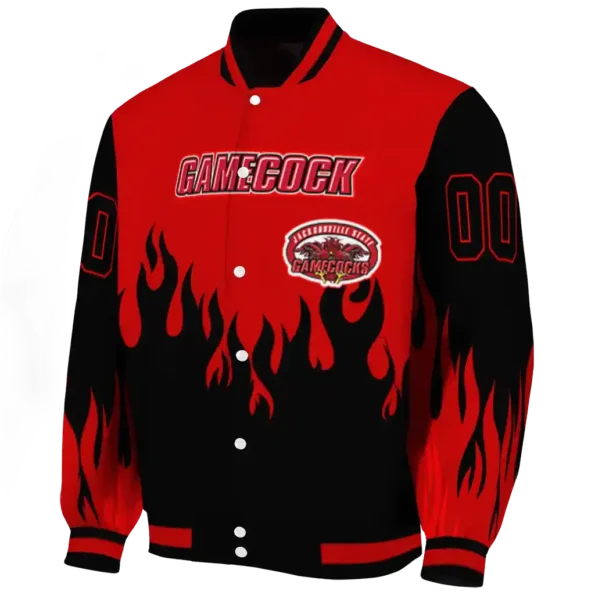 customized jacksonville state gamecocks flame border red black varsity jacket best selling