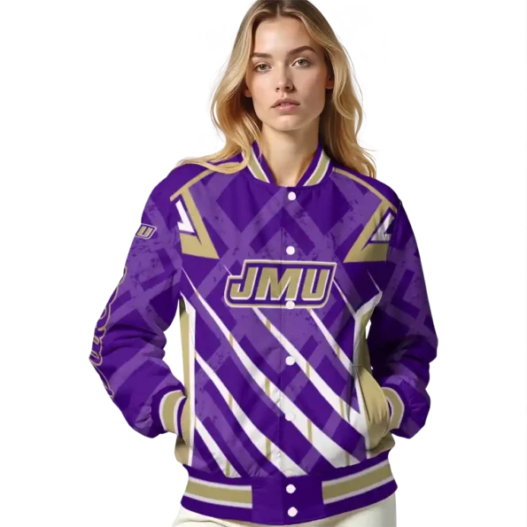 customized james madison dukes chevron angles purple varsity jacket latest model.webp