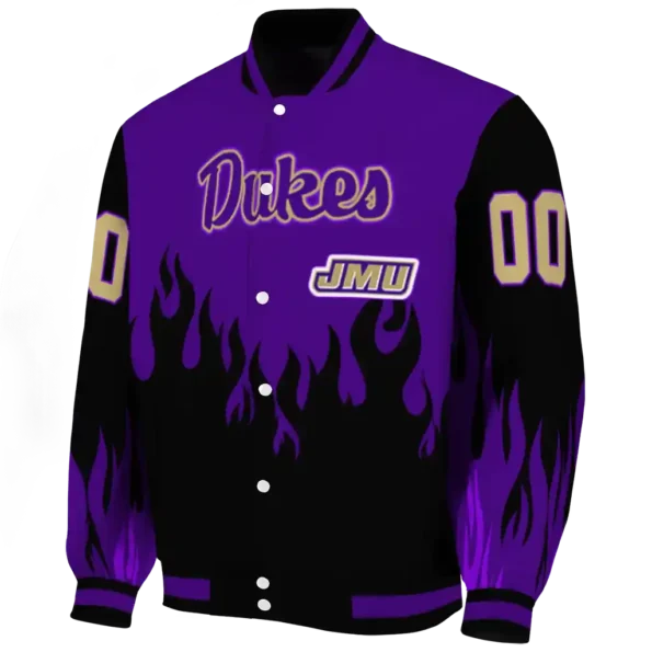 customized james madison dukes flame border purple black varsity jacket best selling