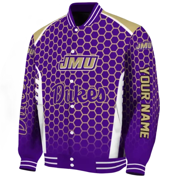 customized james madison dukes hexagon grid purple varsity jacket best selling.webp