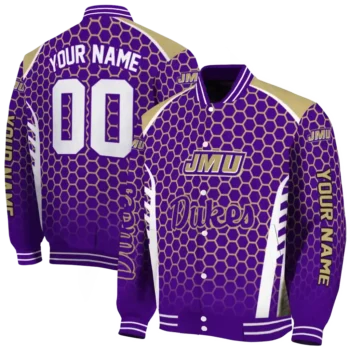 customized james madison dukes hexagon grid purple varsity jacket fashion forward.webp