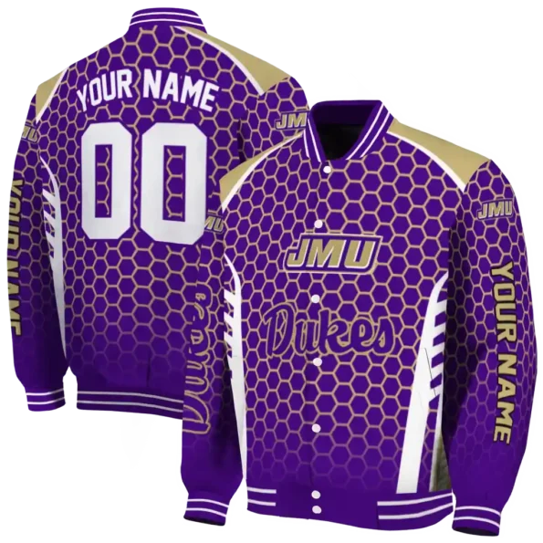 customized james madison dukes hexagon grid purple varsity jacket fashion forward.webp