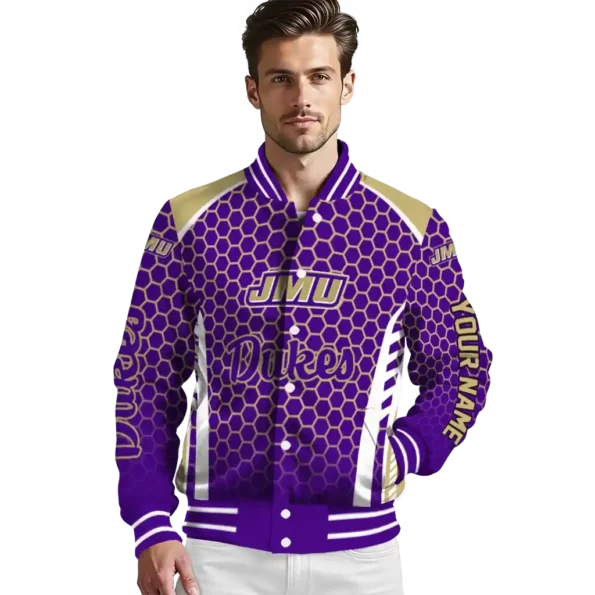 customized james madison dukes hexagon grid purple varsity jacket high quality.webp