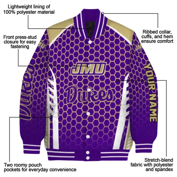 customized james madison dukes hexagon grid purple varsity jacket new arrival.webp