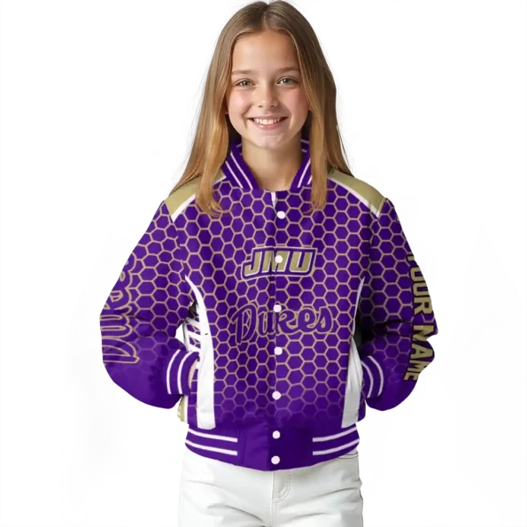 customized james madison dukes hexagon grid purple varsity jacket top rated.webp