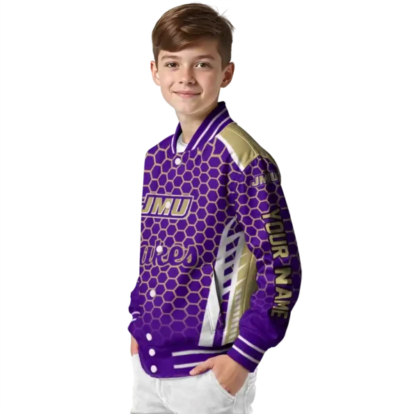 customized james madison dukes hexagon grid purple varsity jacket trendy.webp