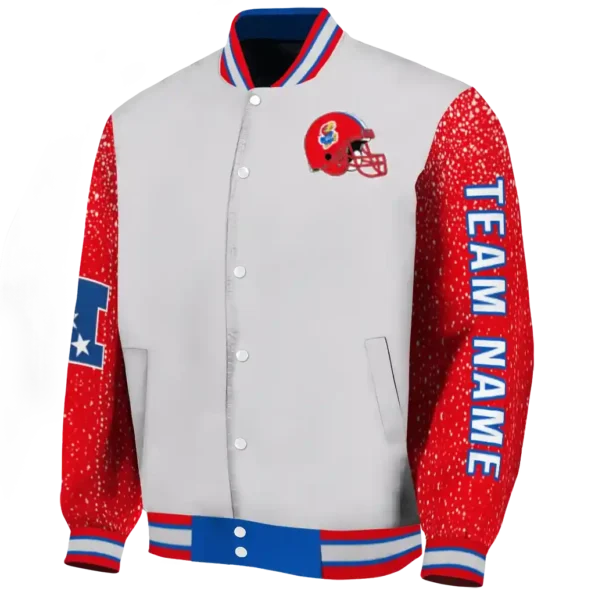 customized kansas jayhawks speckled arms blue gray varsity jacket best selling