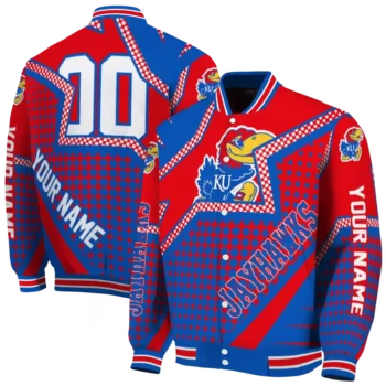 customized kansas jayhawks star burst blue varsity jacket fashion forward.webp