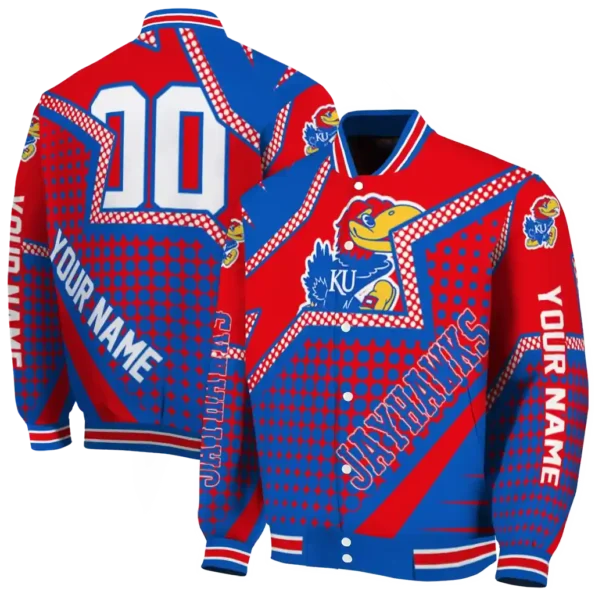 customized kansas jayhawks star burst blue varsity jacket fashion forward.webp
