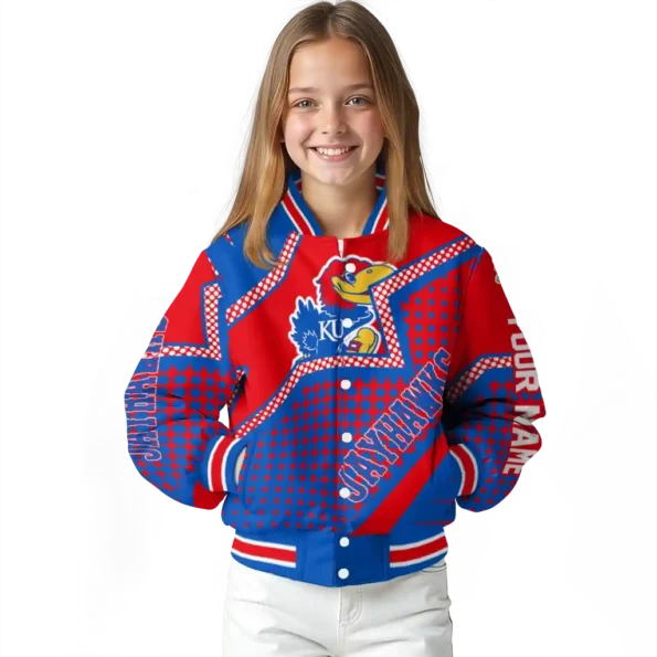 customized kansas jayhawks star burst blue varsity jacket top rated.webp