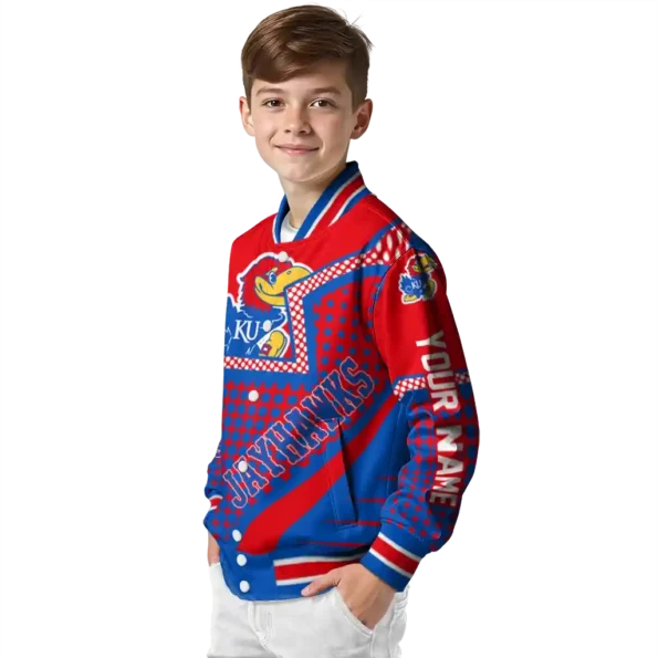 customized kansas jayhawks star burst blue varsity jacket trendy.webp