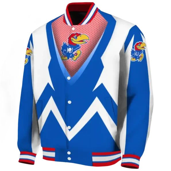 customized kansas jayhawks v stripes blue white varsity jacket best selling