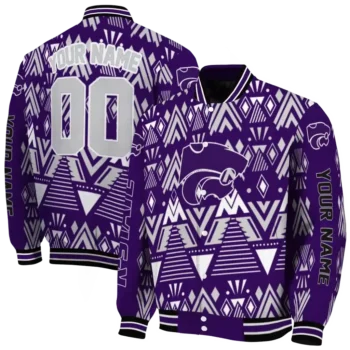 customized kansas state wildcats pyramid shapes purple varsity jacket fashion forward.webp