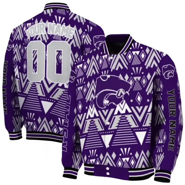 customized kansas state wildcats pyramid shapes purple varsity jacket fashion forward.webp
