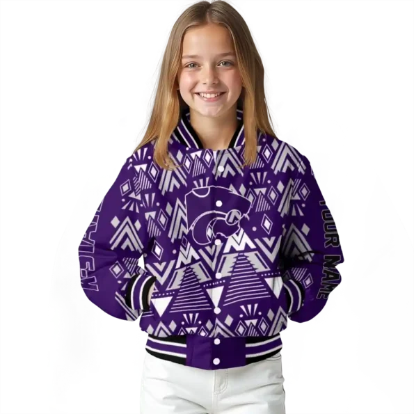 customized kansas state wildcats pyramid shapes purple varsity jacket top rated.webp