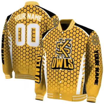 customized kennesaw state owls hexagon grid gold varsity jacket fashion forward.webp