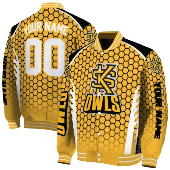 customized kennesaw state owls hexagon grid gold varsity jacket fashion forward.webp