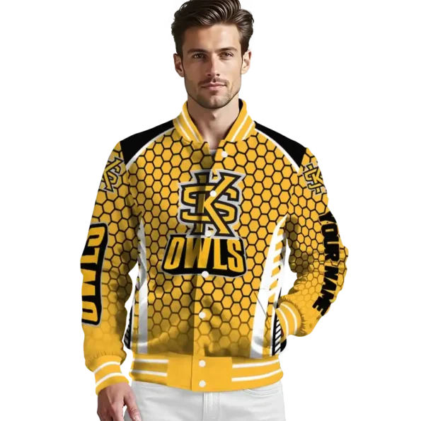 customized kennesaw state owls hexagon grid gold varsity jacket high quality.webp
