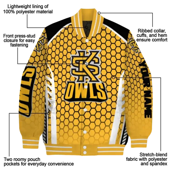 customized kennesaw state owls hexagon grid gold varsity jacket new arrival.webp