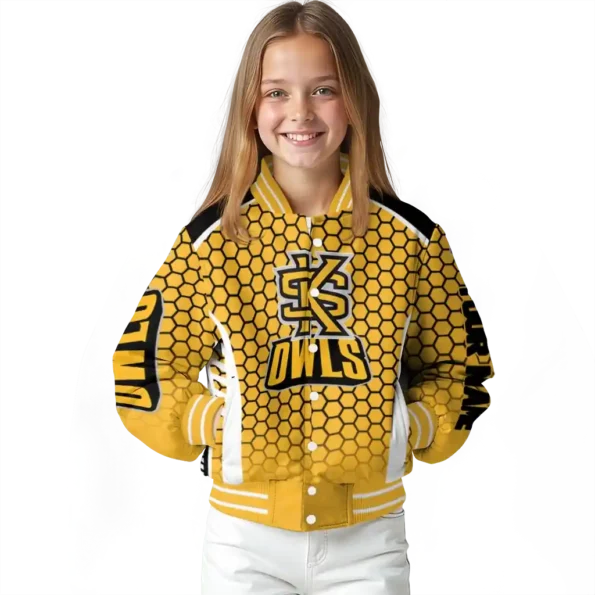customized kennesaw state owls hexagon grid gold varsity jacket top rated.webp