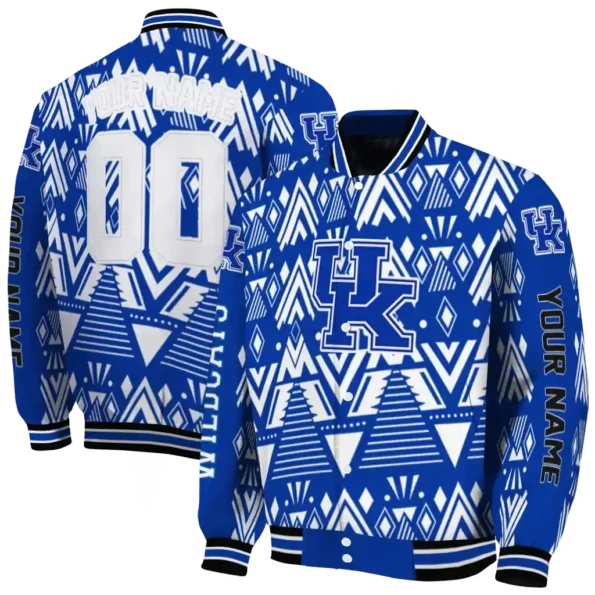 customized kentucky wildcats pyramid shapes blue varsity jacket fashion forward.webp