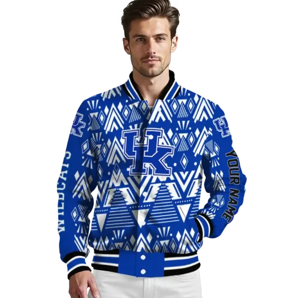 customized kentucky wildcats pyramid shapes blue varsity jacket high quality.webp