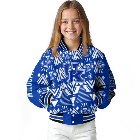 customized kentucky wildcats pyramid shapes blue varsity jacket top rated.webp